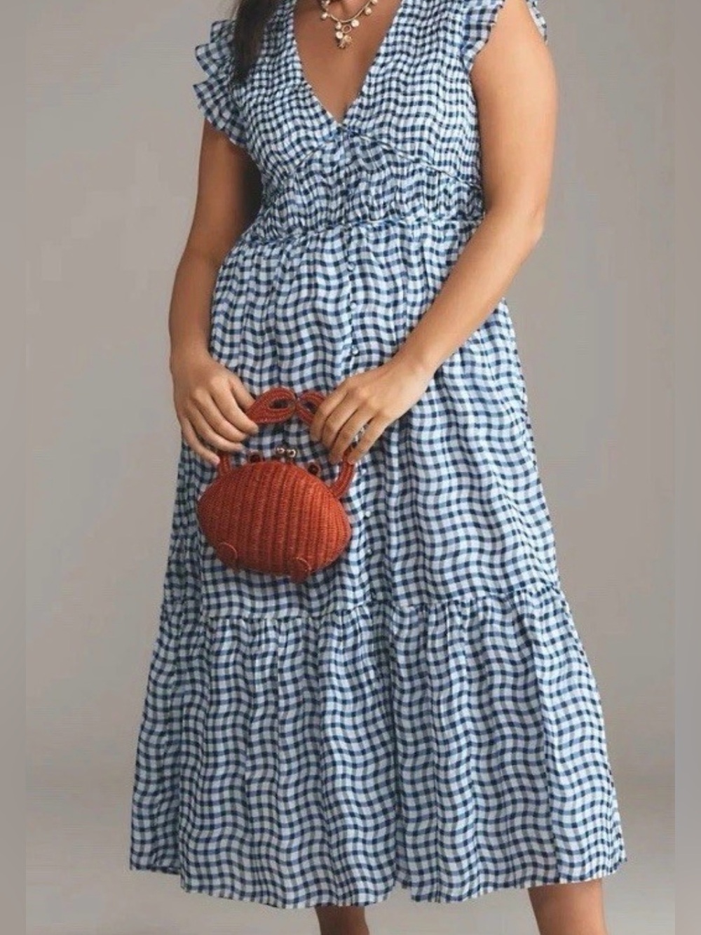 Anthropologie The Peregrine Blue and White Gingham V-Neck Midi Dress- size LP
